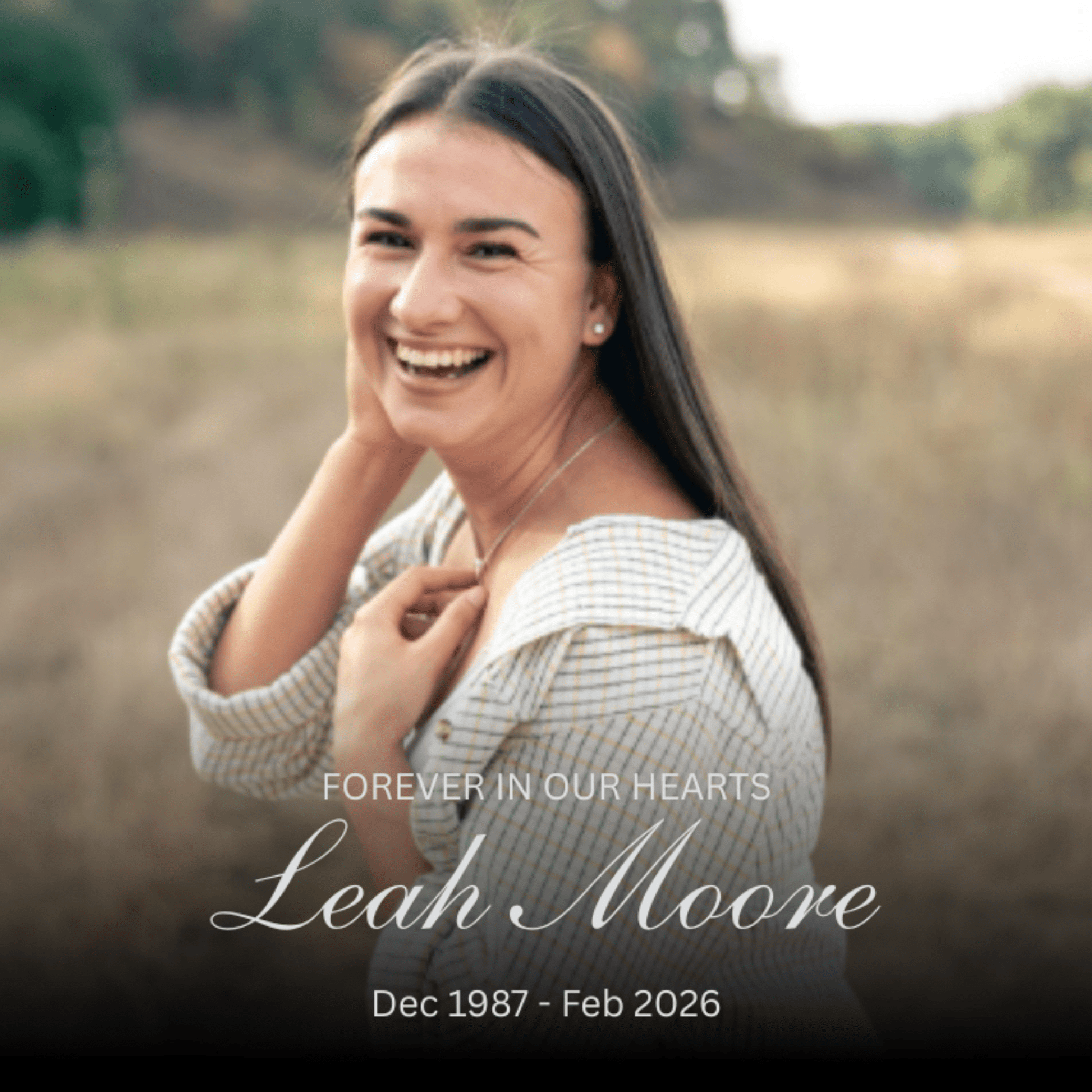 Memorial Magnet featuring Leah Moore, smiling outdoors with the text 'Forever in Our Hearts', Dec 1987 - Feb 2026.
