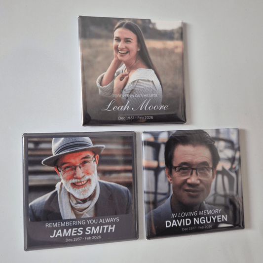 Memorial Magnets | 2.5" square featuring photos and names of Leah Moore, James Smith, and David Nguyen, honoring their memories.